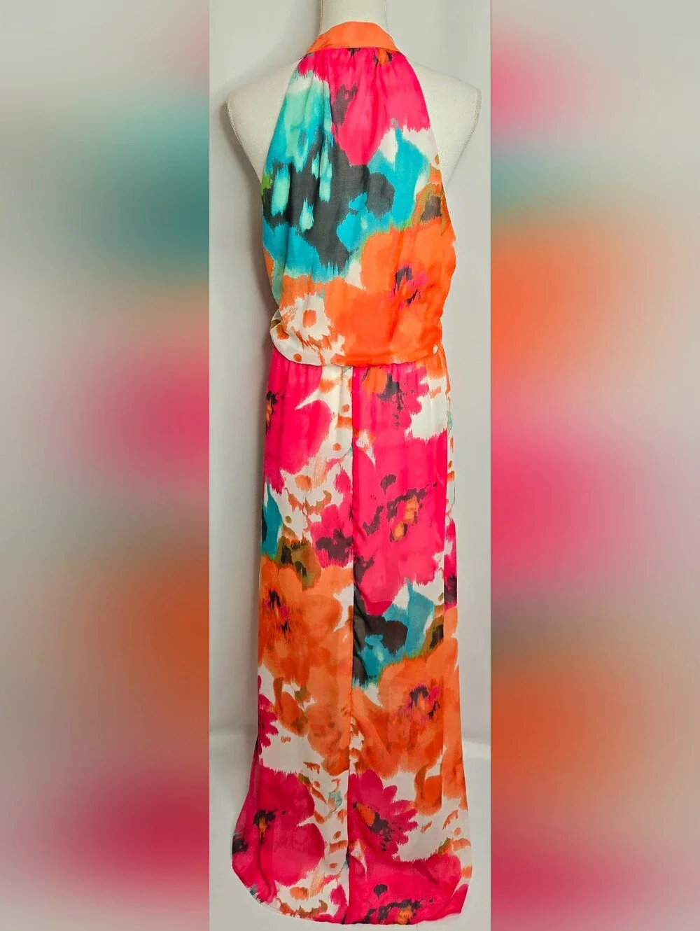 Bisou Bisou  Watercolor Floral Halter Maxi Wedding Guest/Resort Dress NWOT 14
